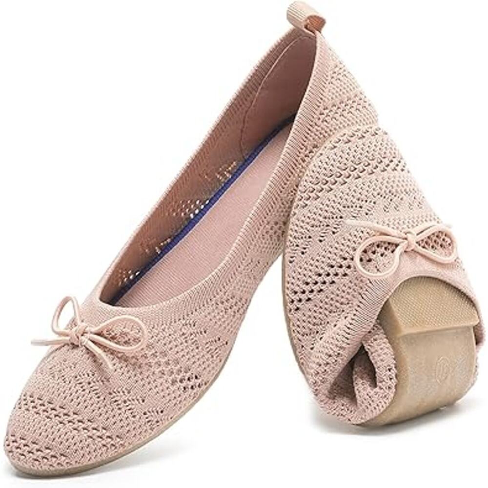 Heawish Womens Size 9.5 Pink Crochet Lace Closed Toe Bow Ballet Flats Shoes